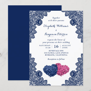 Convites Casamento Floral Rustic Lace Marinho Blue and Pink