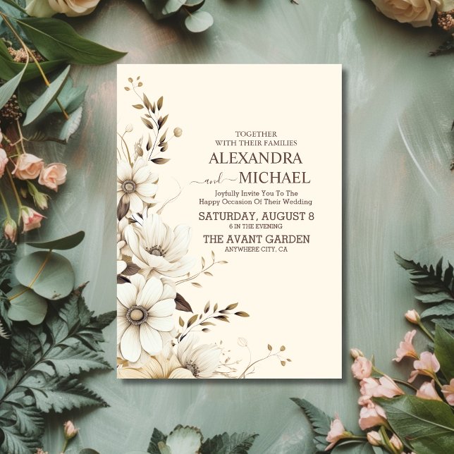 Convites Casamento Floral Rustic Neutral Boho (Criador carregado)