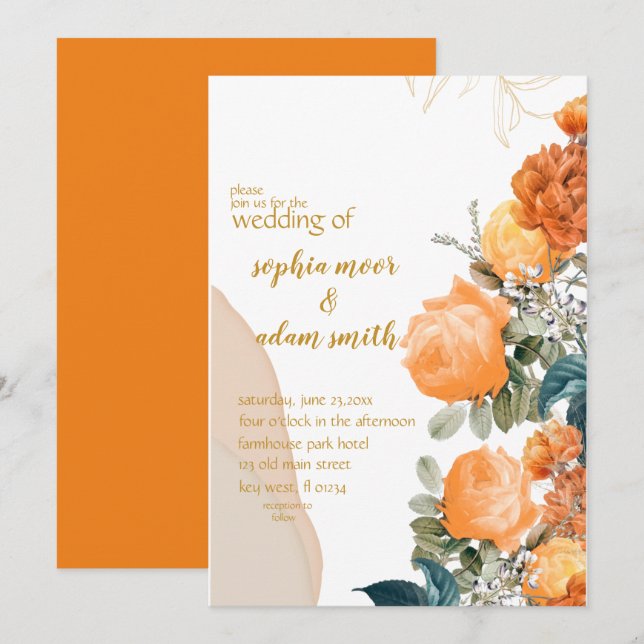 Convites Casamento Floral Rustic Neutral Boho laranja (Frente/Verso)
