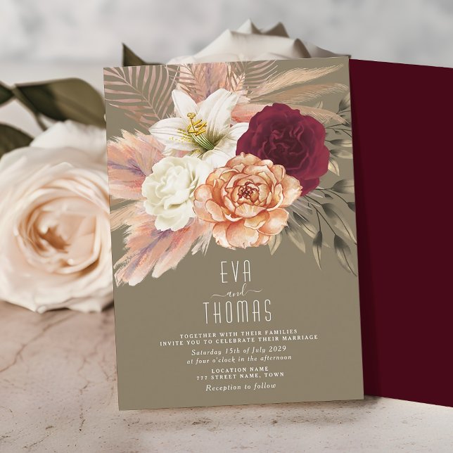 Convites Casamento Floral Rustic Olive Green & Burgundy (Criador carregado)