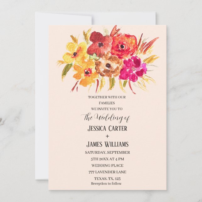 Convites Casamento Floral Rustic Orange Fall Boho Bohemian (Frente)