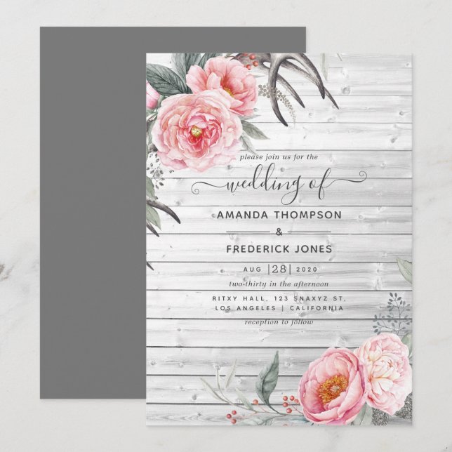 Convites Casamento Floral Rustic Pastel Pink e Cinza Boho (Frente/Verso)