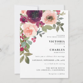 Convites Casamento Floral Rustic Pink & Purple Watercolor