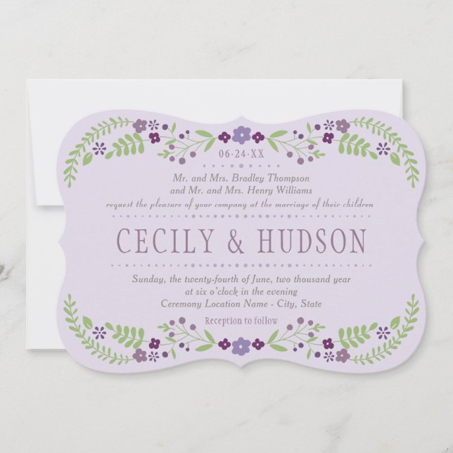 Convites Casamento Floral Rustic Purple e Green (Frente)