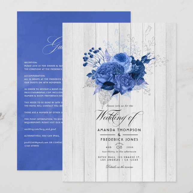 Convites Casamento Floral Rustic Royal Blue e Silver (Frente/Verso)