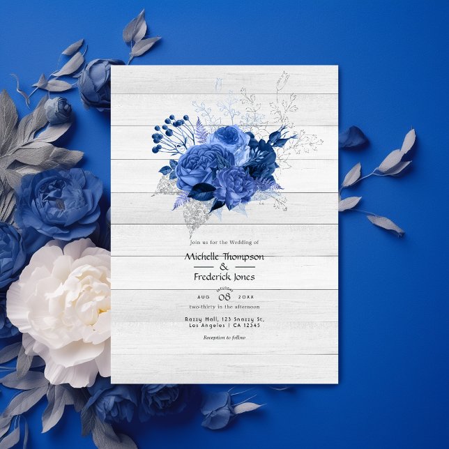 Convites Casamento Floral Rustic Royal Blue & Silver (Criador carregado)