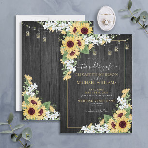 Convites Casamento Floral Rustic Sunflower & Cinzas