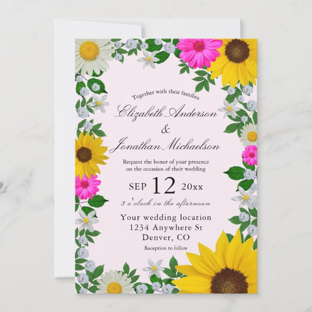 Convites Casamento Floral Rustic Sunflower Daisy (Frente)