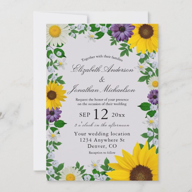 Convites Casamento Floral Rustic Sunflower Daisy (Frente)
