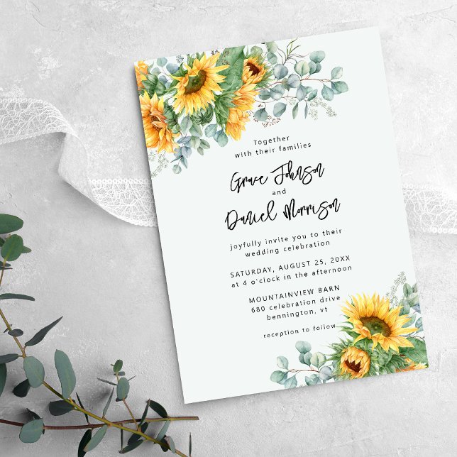 Convites Casamento Floral Rustic Sunflower Eucalyptus (Criador carregado)