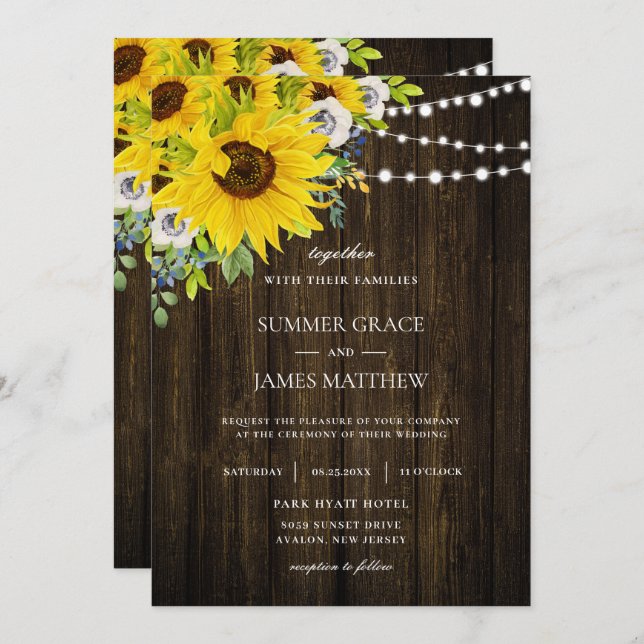 Convites Casamento Floral Rustic Sunflower Ivory  (Frente/Verso)