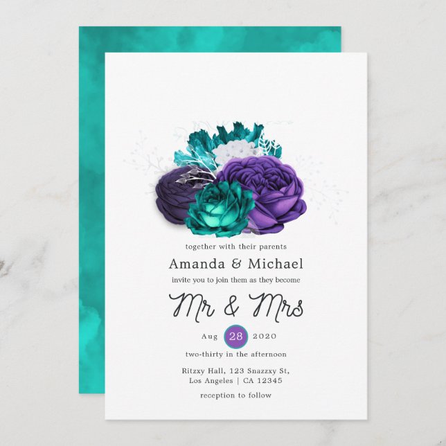 Convites Casamento Floral Rustic Violet e Turquoise (Frente/Verso)