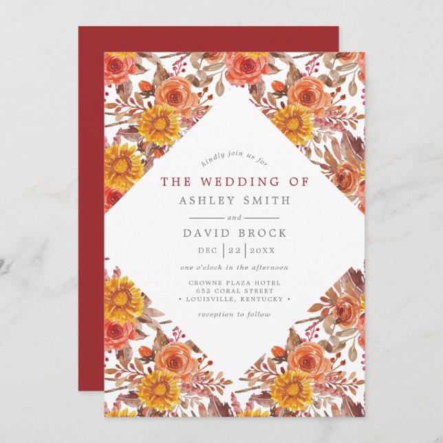 Convites Casamento Floral Rustic Watercolor Autumn (Frente/Verso)