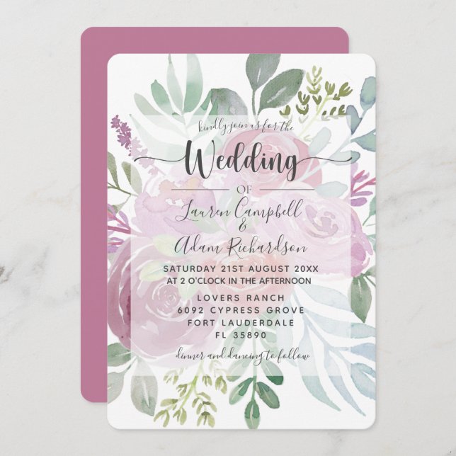 Convites Casamento Floral Rustic Watercolor Dusty Rosa (Frente/Verso)