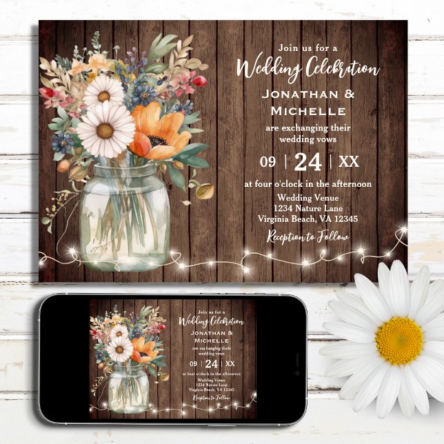 Convites Casamento Floral Rustic Wildflower Barn Wood Count (Criador carregado)