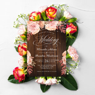 Convites Casamento Floral Rustic Wood and String Lights