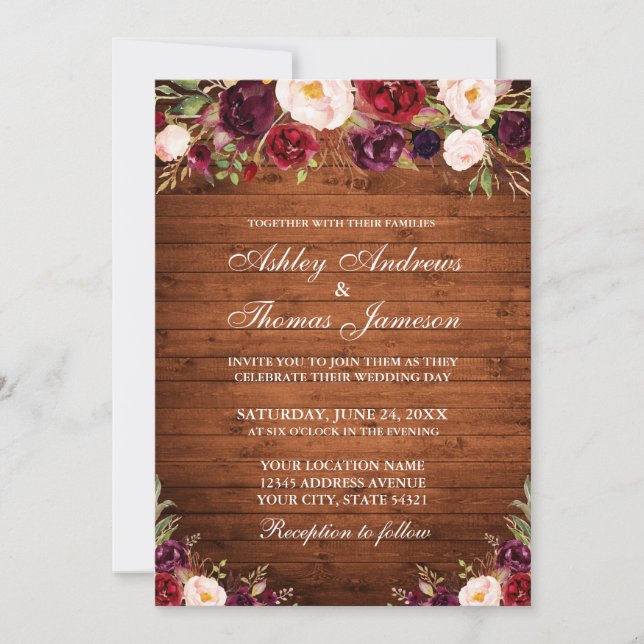 Convites Casamento Floral Rustic Wood Burgundy (Frente)