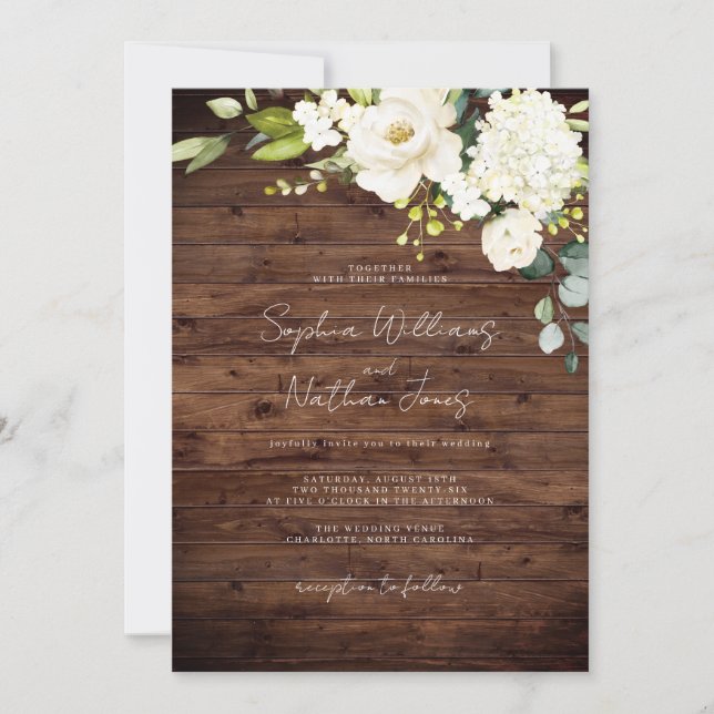 Convites Casamento Floral Rustic Wood Champagne (Frente)