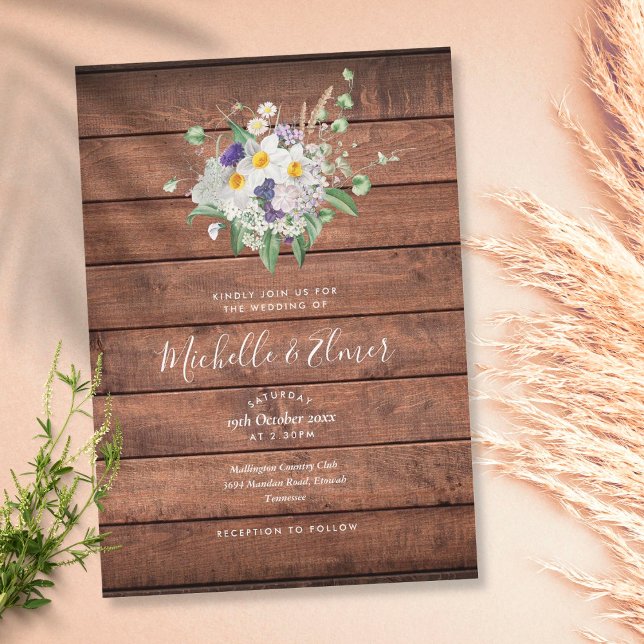 Convites Casamento Floral Rustic Wood Country Wildflower (Criador carregado)