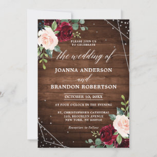 Convites Casamento Floral Rustic Wood Geométrico Burgundy