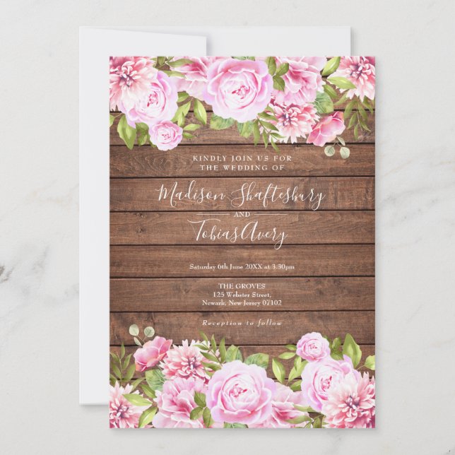 Convites Casamento Floral Rustic Wood Pink (Frente)