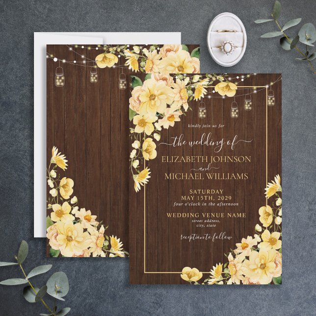 Convites Casamento Floral Rustic Yellow Wood Script (Criador carregado)