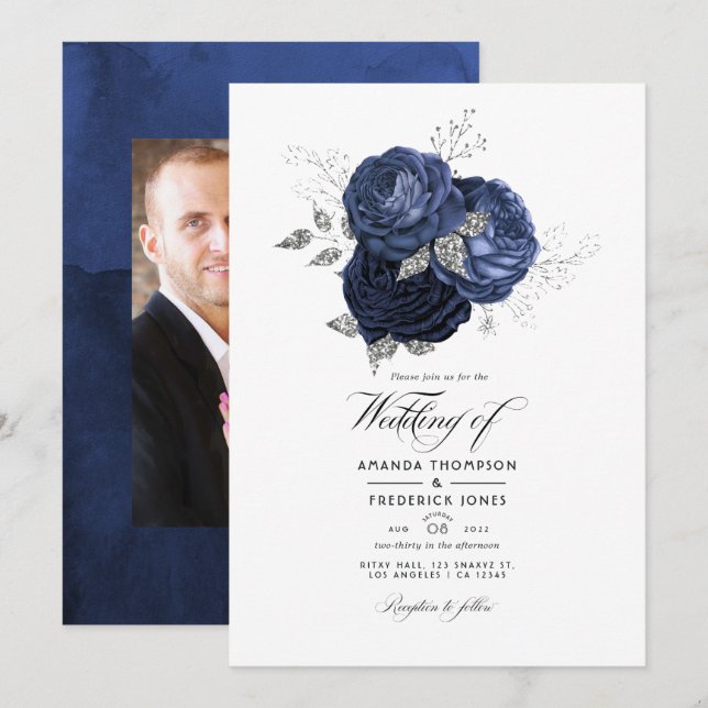 Convites Casamento Floral Rústico Azul Marinho e Brilho Fal (Frente/Verso)