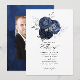 Convites Casamento Floral Rústico Azul Marinho e Brilho Fal
