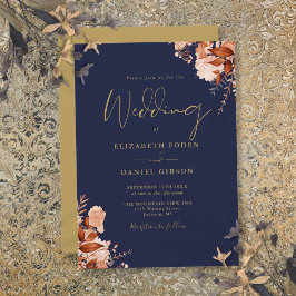 Convites Casamento Floral Rústico Azul Marinho e Dourado
