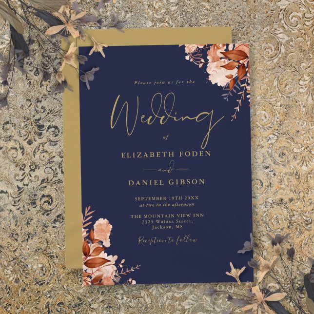 Convites Casamento Floral Rústico Azul Marinho e Dourado (Navy Blue And Gold Rustic Floral Wedding Invitation)