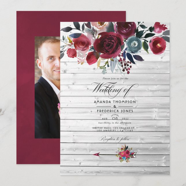 Convites Casamento Floral Rústico Boho Chic Burgundy e Azul (Frente/Verso)