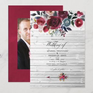 Convites Casamento Floral Rústico Boho Chic Burgundy e Azul