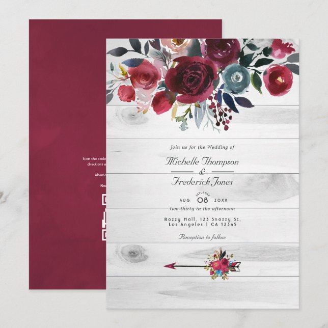Convites Casamento Floral Rústico Boho Chic Burgundy e Azul (Frente/Verso)