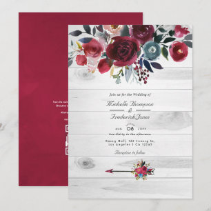 Convites Casamento Floral Rústico Boho Chic Burgundy e Azul