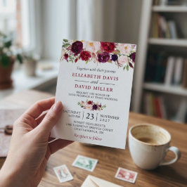 Convites Casamento Floral Rústico Boho em Aquarela Vermelho