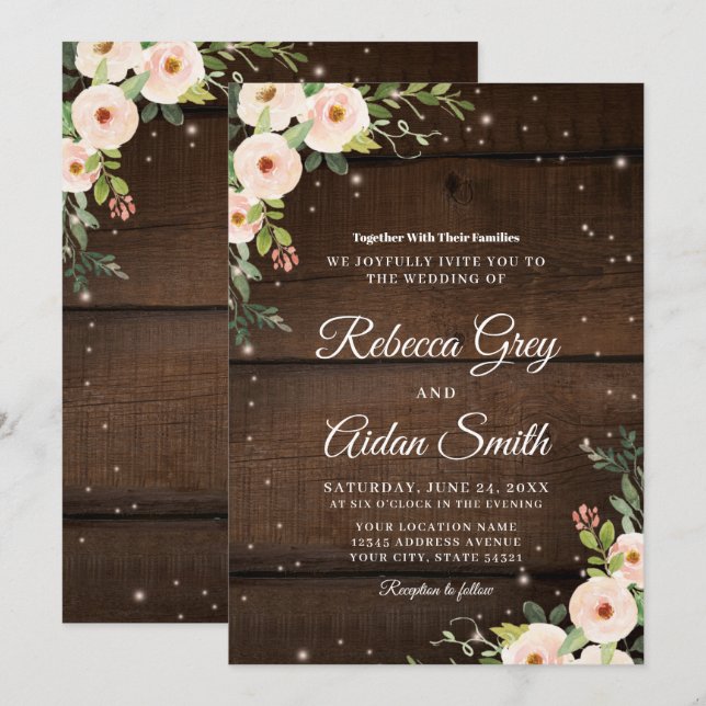 Convites Casamento Floral Rústico Brilhante em Madeira (Frente/Verso)
