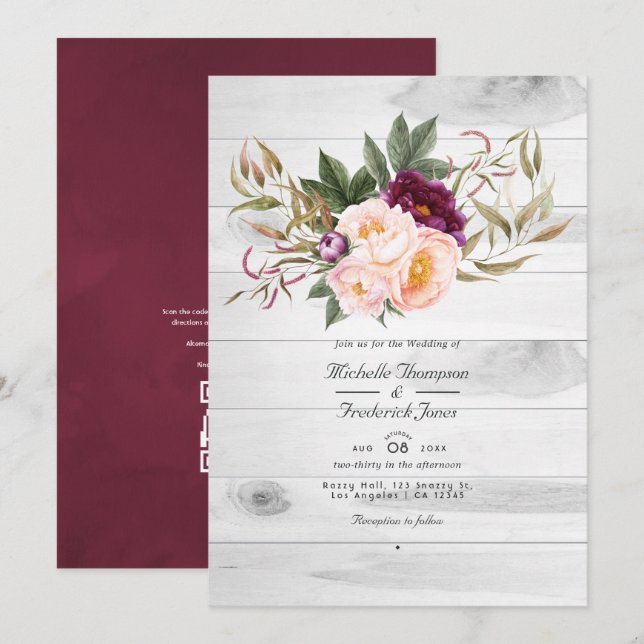 Convites Casamento Floral Rústico Código QR em Borgonha e P (Frente/Verso)