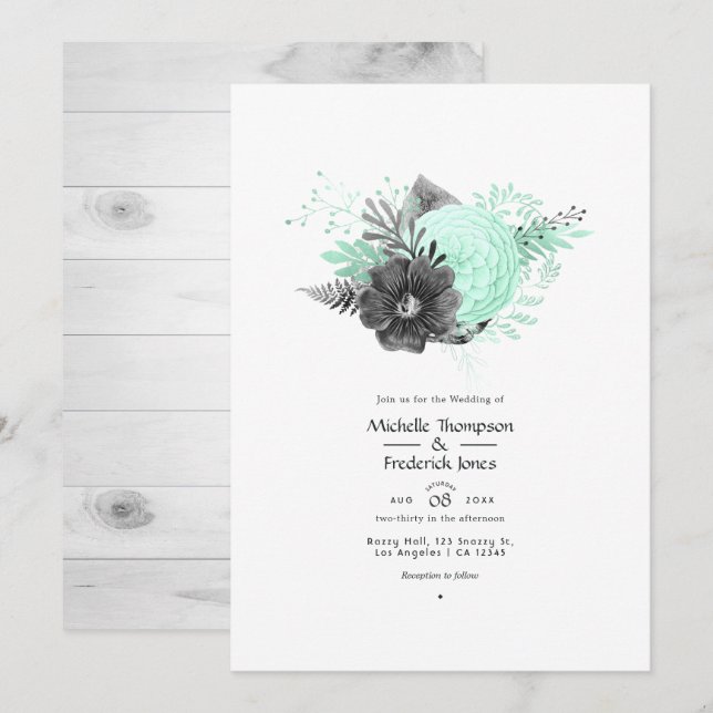 Convites Casamento Floral Rústico com Hortelã e Carvão (Frente/Verso)