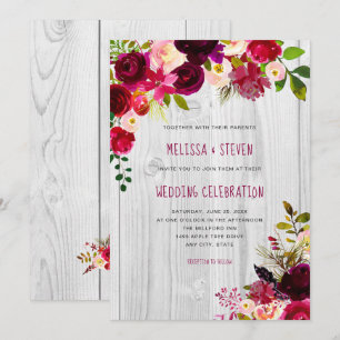 Convites Casamento floral rústico de Borgonha + madeira