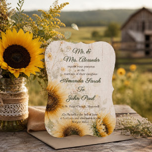 Convites Casamento Floral Rústico de Girassol em Madeira no