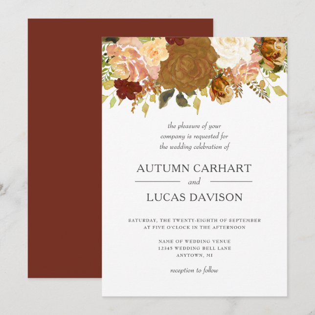 Convites Casamento Floral Rústico de Jardim de Outono (Frente/Verso)