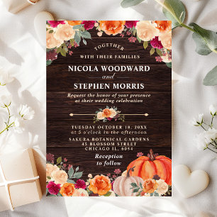 Convites Casamento Floral Rústico de Outono com Abóbora Lar
