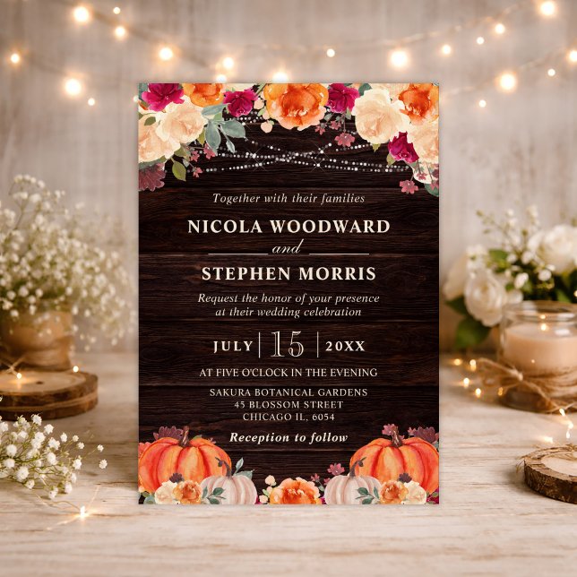 Convites Casamento Floral Rústico de Outono com Abóbora Lar (Criador carregado)