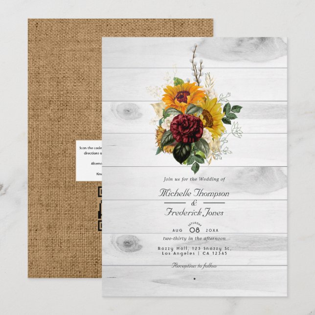 Convites Casamento Floral Rústico de Outono QR Code País (Frente/Verso)