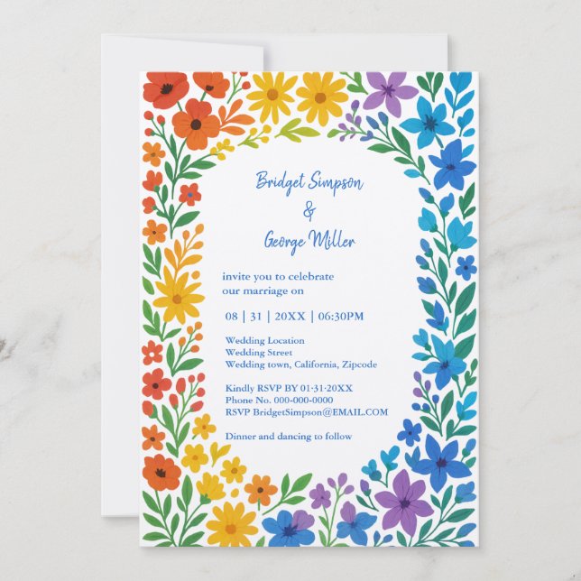 Convites Casamento Floral Rustico de Rainbow Wildflower (Frente)