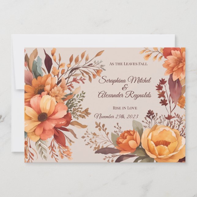 Convites Casamento Floral Rústico em Aquarela de Outono (Frente)