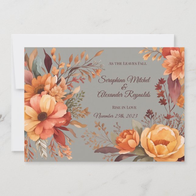 Convites Casamento Floral Rústico em Aquarela de Outono (Frente)