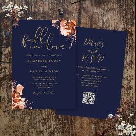 Convites Casamento Floral Rústico em Azul Marinho e Dourado