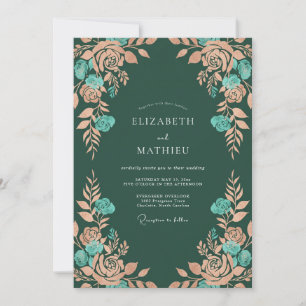 Convites Casamento Floral Rústico em Azul Verde e Pêssego