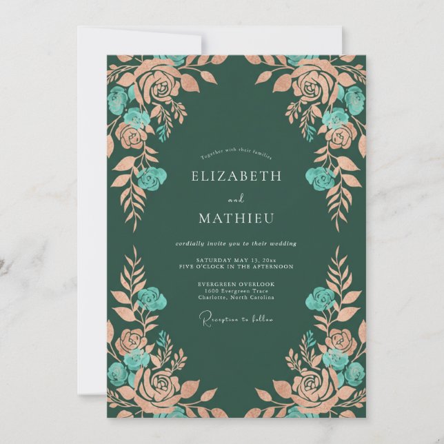 Convites Casamento Floral Rústico em Azul Verde e Pêssego (Frente)